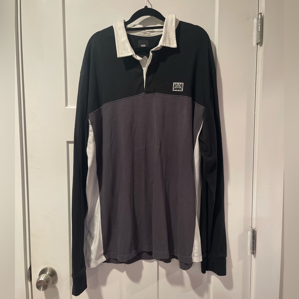 black, grey, & white Vans rugby long-sleeve polo, men’s 2XL